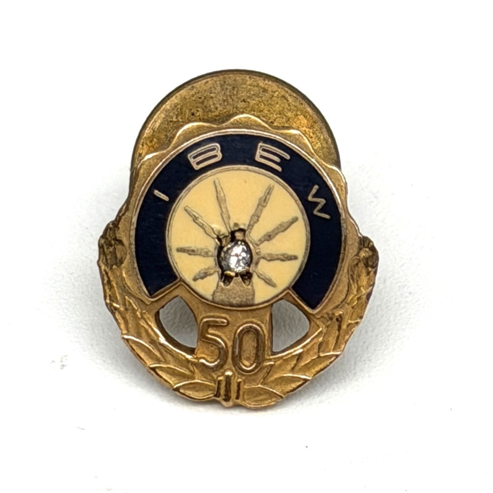 Vintage IBEW 50 Year Service Pin 10K Gold Filled Diamond Enamel Union Lapel Pin